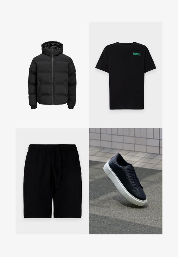 Black padded jacket with a hood, featuring a front zipper closure, ribbed cuffs, and a smooth texture. No visible logos or patterns.; Black t-shirt made of cotton with short sleeves. Features a green "ROOTS" logo on the front, round neckline, and standard fit.; Black shorts made of a lightweight material, featuring an elastic waistband with a drawstring, side pockets, and a relaxed cut.; Black leather sneaker with rounded toe and white rubber sole. Features flat laces and minimal stitching on the upper. Textured sole for grip.