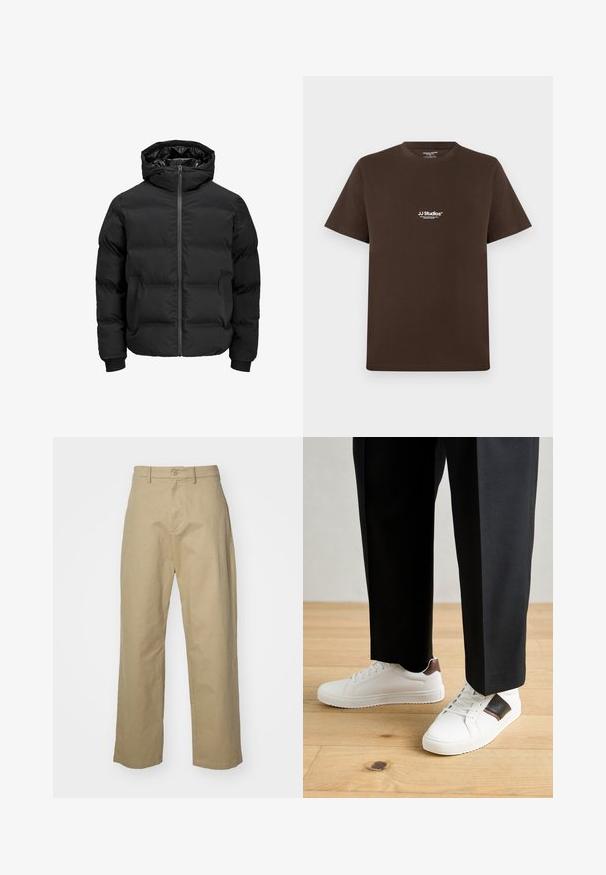 Fekete steppelt dzseki kapucnival, elülső cipzárral, bordázott ujjaival és sima textúrájával. Nincsenek látható logók vagy minták.; Barna pamut póló rövid ujjakkal, kerek nyakkal és egy kis fehér logóval a mellkasán. Sima textúrájú és normális fazonú.; Beige pamut nadrág, egyenes szabással, elöl gombos és cipzáros záródással, valamint két oldalsó zsebbel. Sima textúra.; Fehér sneaker, sima textúrával, barna bőr díszítéssel és fekete részletekkel, fekete szabott nadrággal párosítva. Fából készült padló háttér.