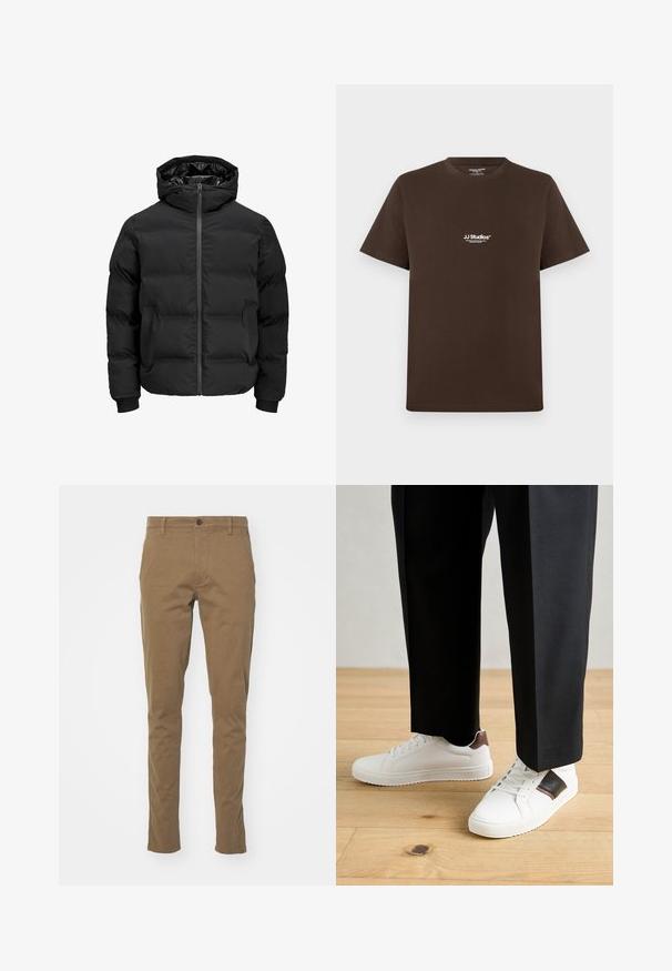 Crna podstava jakna s kapuljačom, koja ima prednje zatvaranje na patentni zatvarač, rebraste manžetne i glatku teksturu. Nema vidljivih logotipa ili uzoraka.; Smeđa pamučna majica s kratkim rukavima, okruglim izrezom i malim bijelim logotipom na prsima. Glatka tekstura i standardni kroj.; DOCKERS SMART SUPREME FLEX SKINNY - Chino hlače - cub; Bijele tenisice s glatkom teksturom, s smešnim kožnim detaljima i crnim naglascima, u kombinaciji s crnim krojenim hlačama. Pozadina od drvenog poda.