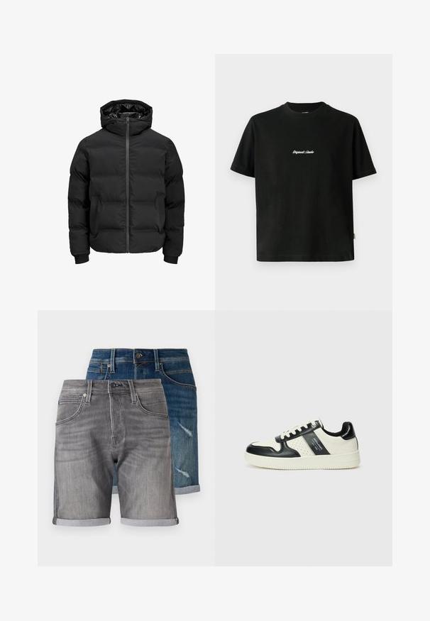 Fekete steppelt dzseki kapucnival, elülső cipzárral, bordázott ujjaival és sima textúrájával. Nincsenek látható logók vagy minták.; Fekete pamut póló rövid ujjakkal, fehér hímzett "Original Studio" felirattal a mellen és kerek nyakú kivágással.; Sötétkék és szürke farmer sortok. Jellemzőik közé tartozik a felgöngyölt szegés, zsebek, és a kék változaton a fakó textúra, amely kopott részletekkel párosul.; Fekete és krém színű bőrsneaker, perforált díszítésekkel, párnázott bokapánttal és texturált talppal.