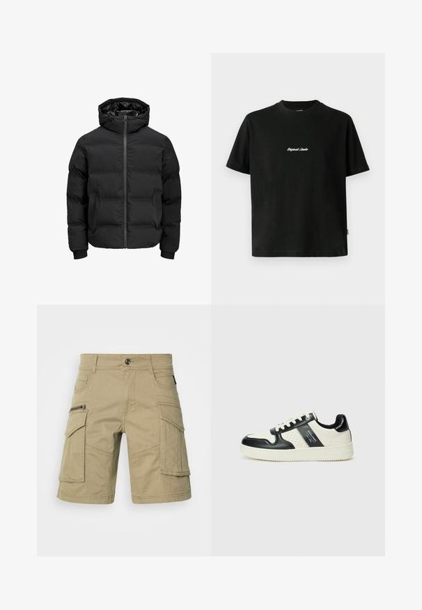 Melna siltināta jaka ar kapuci, ar priekšējo rāvējslēdzēju, ribotu aproču un gludu tekstūru. Nav redzamu logo vai rakstu.; Melnas kokvilnas T-krekls ar īsām piedurknēm, ar baltu izšūtu tekstu "Original Studio" krūšu daļā un apaļu kakla izgriezumu.; Beige kravu šorti, izgatavoti no izturīgas auduma, ar vairākiem kabatām, ar rāvējslēdzēju sānu kabatu un izšuvumiem. Standarta jostasvieta ar pogu.; Ādas sporta apavi ar melnbaltu krāsu shēmu, ar perforētiem akcentiem, mīkstinātu apkakli un teksturētu zoli.