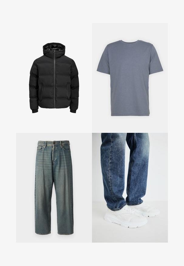 Black padded jacket with a hood, featuring a front zipper closure, ribbed cuffs, and a smooth texture. No visible logos or patterns.; Gray short-sleeve T-shirt with a round neck, made of soft cotton blend fabric. Simple design, no patterns or accents.; Light blue denim jeans with a loose fit, mid-rise waist, and straight legs. Features five pockets, belt loops, and a button closure.; White athletic sneakers with textured panels and a thick sole, paired with blue denim jeans featuring a faded wash and straight leg cut.