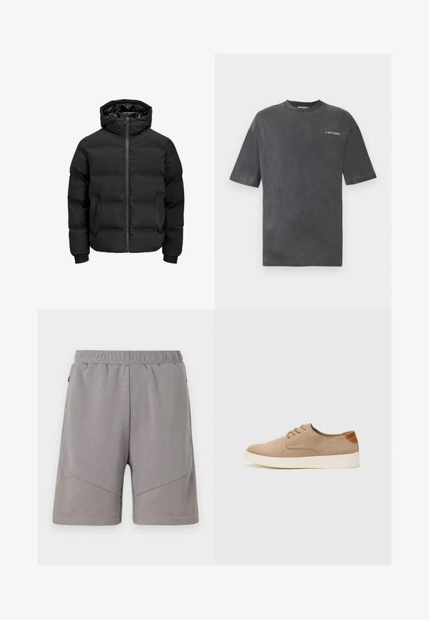 Giacca imbottita nera con cappuccio, dotata di chiusura frontale con zip, polsini a coste e una texture liscia. Senza loghi o fantasie visibili.; T-shirt nera a maniche corte realizzata in tessuto morbido, con collo rotondo e la scritta "// NOT SORRY" in bianco nella parte sinistra del petto.; Pantaloncini sportivi grigi con cintura elastica, caratterizzati da un pannello inferiore testurizzato e una parte superiore liscia.; Sneaker in suede beige con punta arrotondata, stringhe davanti e un accento testurizzato sul retro. La suola in gomma bianca offre un contrasto. Design semplice e moderno.