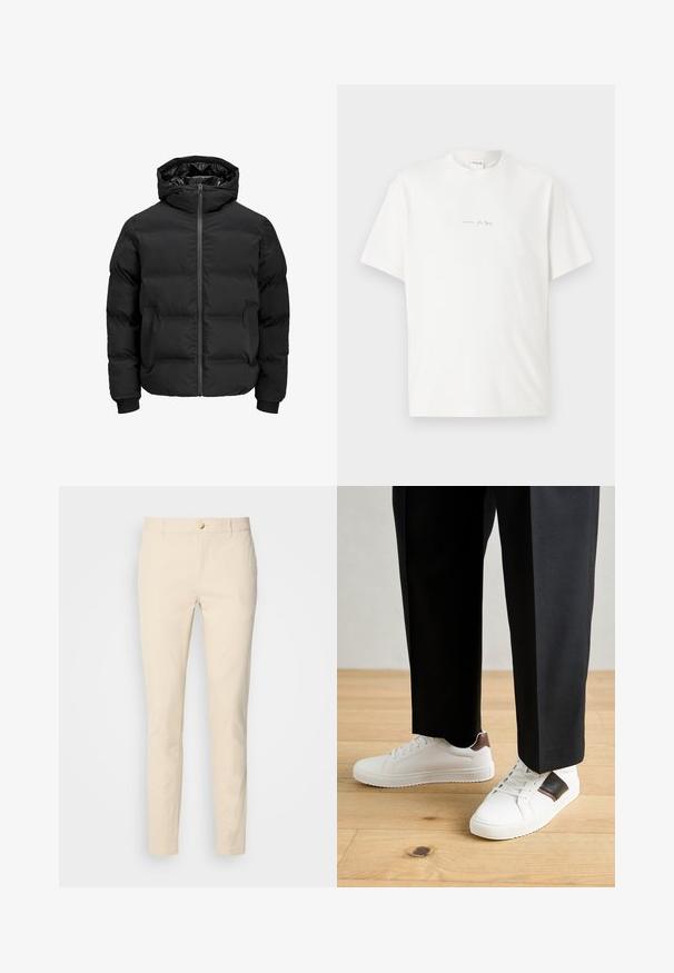 Czarna ocieplana kurtka z kapturem, z przodem zapinanym na zamek błyskawiczny, ściągaczami przy mankietach oraz gładką fakturą. Brak widocznych logotypów lub wzorów.; Biały bawełniany t-shirt z okrągłym dekoltem, krótkimi rękawami i małym nadrukowanym logo z przodu. Gładka tekstura i luźny krój.; Scotch & Soda - Chinosy; Białe trampki o gładkiej fakturze, z brązowymi skórzanymi akcentami i czarnymi detalami, zestawione z czarnymi eleganckimi spodniami. Tło stanowi drewniana podłoga.