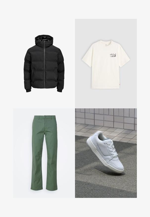 Svart vadderad jacka med huva, med dragkedja fram, ribbade muddar och en slät yta. Inga synliga logotyper eller mönster.; Vit kortärmad t-shirt i bomull med en svart grafisk design på vänster bröstområde med ordet "Fresh."; Gröna bomullsbyxor med rak ben-design, med en knappstängning fram och sidofickor. Slät yta utan mönster.; Vit lädersneaker med perforerade sidor, texturerade accenter, plana snören och en kontrasterande grå häl. Har en något upphöjd sula.