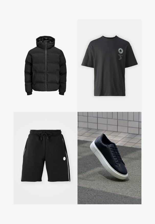 Zwarte gewatteerde jas met capuchon, voorzien van een ritssluiting aan de voorkant, geribde boorden en een gladde textuur. Geen zichtbare logo's of patronen.; Zwarte katoenen t-shirt met korte mouwen, ronde hals en voorop afbeeldingen van een zon en maan, vergezeld van de tekst "Le Soleil et La Lune."; Zwarte sweatshorts met een elastische tailleband en een verstelbaar trekkoord. Bevat witte zijstrepen en een cirkelvormig logo accent.; Zwarte leren sneaker met een ronde neus en een witte rubberen zool. Voorzien van platte veters en minimale stiksels op het bovenwerk. Textuurrijke zool voor grip.