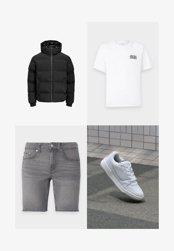 Crna podstava jakna s kapuljačom, koja ima prednje zatvaranje na patentni zatvarač, rebraste manžetne i glatku teksturu. Nema vidljivih logotipa ili uzoraka.; Bijela pamučna majica, kratki rukavi, okrugli izrez. Sadrži crni tekstualni logo "JACK & JONES" na lijevoj strani prsnog dijela. Jednostavan, običan dizajn.; Sivi traper kratke hlače s dizajnom od pet džepova, patentnim zatvaračem, srebrnim detaljima i blago izblijedjelom teksturom. Rub izrezan iznad koljena.; Bijele kožne tenisice s perforiranim bočnim dijelovima, teksturiranim akcentima, ravnim vezicama i kontrastnim sivim petom. Imaju blago povišenu potplat.