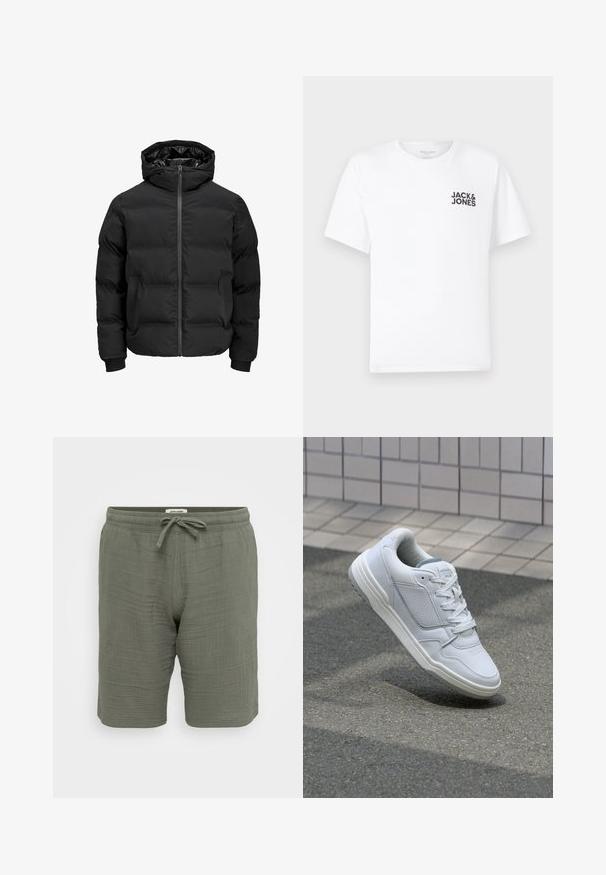 Giacca imbottita nera con cappuccio, dotata di chiusura frontale con zip, polsini a coste e una texture liscia. Senza loghi o fantasie visibili.; T-shirt bianca in cotone, maniche corte, collo rotondo. Presenta un logo in testo nero "JACK & JONES" nell'area sinistra del petto. Design semplice e minimale.; Pantaloni corti leggeri di colore verde oliva realizzati in tessuto strutturato. Presentano una vita elasticizzata con coulisse, tasche laterali e una vestibilità rilassata.; Sneaker bianca in pelle con lati perforati, accenti testurizzati, lacci piatti e tallone grigio a contrasto. Presenta una suola leggermente elevata.