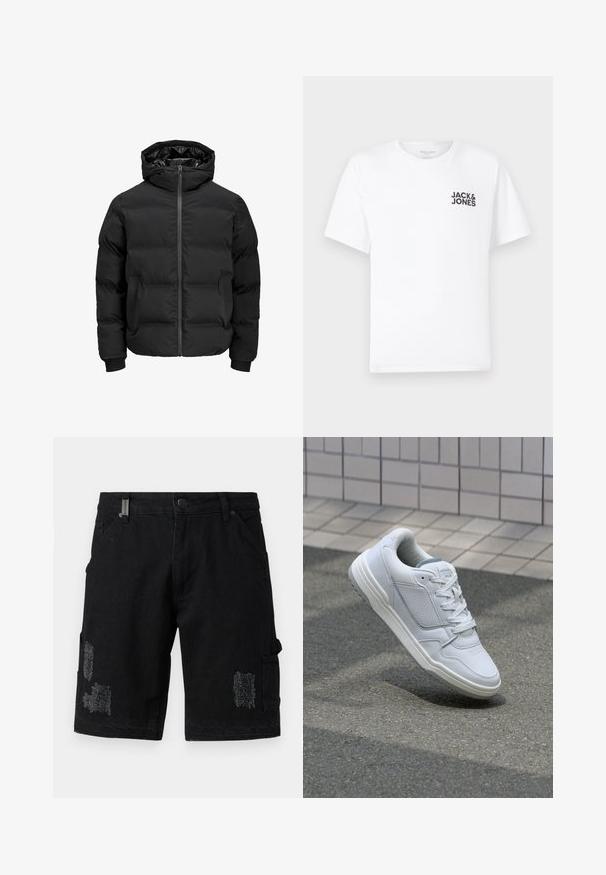 Czarna ocieplana kurtka z kapturem, z przodem zapinanym na zamek błyskawiczny, ściągaczami przy mankietach oraz gładką fakturą. Brak widocznych logotypów lub wzorów.; Biała bawełniana koszulka, krótki rękaw, okrągły dekolt. Posiada czarny tekst logo "JACK & JONES" po lewej stronie klatki piersiowej. Prosty, gładki design.; Czarne dzinsowe szorty cargo o luźnym kroju, z przetarciami, kieszeniami z przodu oraz bocznymi kieszeniami cargo dla dodatkowej funkcjonalności.; Białe skórzane trampki z perforowanymi bokami, teksturowanymi akcentami, płaskimi sznurowadłami i kontrastującym szarym obcasem. Posiadają lekko podniesioną podeszwę.