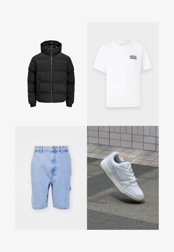 Melna siltināta jaka ar kapuci, ar priekšējo rāvējslēdzēju, ribotu aproču un gludu tekstūru. Nav redzamu logo vai rakstu.; Balts kokvilnas t-krekls, īsām piedurknēm, apaļo kakla izgriezumu. Uz kreisās krūts daļas ir melna teksta druka "JACK & JONES". Vienkāršs, bezpušķains dizains.; Gai zili džinsu šorti ar parastu piegriezumu, jostasvieta ar jostu cilpām, priekšējām kabatām un smalkiem nodiluma akcentiem visā virsmā.; Baltas ādas sporta apavi ar perforētiem sāniem, teksturētām akcentiem, plakanu šņorēšanu un kontrastējošu pelēku papēdi. Iezīmē nedaudz paaugstinātu zole.