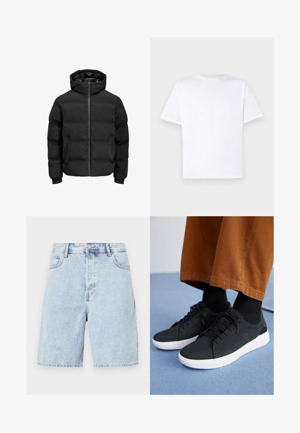 Veste noire rembourrée avec capuche, dotée d'une fermeture éclair sur le devant, de poignets à côtes et d'une texture lisse. Pas de logos ou de motifs visibles.; T-shirt en coton blanc à col rond et manches courtes. Texture lisse, coupe droite, sans motifs ni accents. Vue de dos uniquement.; Shorts en denim bleu clair à coupe décontractée, avec une braguette zippée, cinq poches et des coutures contrastées le long des bords.; Baskets en suede noir avec semelles en caoutchouc blanc, présentant un design à lacets, des accents texturés et une branding discrète, associées à un pantalon marron.