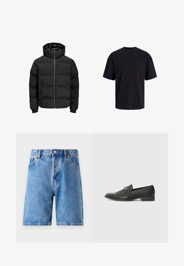 Schwarze gepolsterte Jacke mit Kapuze, ausgestattet mit einem Reißverschluss auf der Vorderseite, gerippten Ärmelbündchen und einer glatten Textur. Keine sichtbaren Logos oder Muster.; Schwarzes Baumwoll-T-Shirt mit Rundhalsausschnitt, kurzen Ärmeln und lässiger Passform. Glatte Oberflächenstruktur und keine sichtbaren Muster oder Akzente.; Hellblaue Denim-Shorts mit einem ausgewaschenen Look. Merkmale ein klassisches Fünf-Taschen-Design, Knopfverschluss und Nieten in Kupferfarbe.; Schwarzer Lederloafer mit glatter Oberfläche, ausgestattet mit einer gesteppten Gestaltung und einem dekorativen Metallkettendetail über dem Vorderblatt. Flacher Absatz.