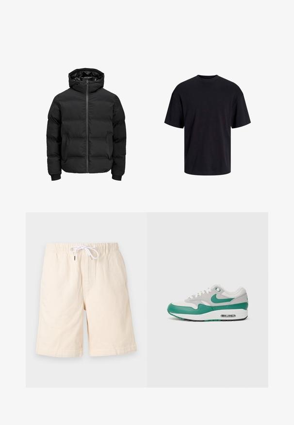 Giacca imbottita nera con cappuccio, dotata di chiusura frontale con zip, polsini a coste e una texture liscia. Senza loghi o fantasie visibili.; T-shirt in cotone nero con collo rotondo, maniche corte e vestibilità morbida. Texture liscia senza pattern o dettagli visibili.; Pantaloni corti in cotone beige con una vestibilità rilassata, cintura elastica e coulisse bianca. Presentano tasche laterali e una texture liscia.; Sneaker Nike Air Max 1 con una toma superiore in mesh grigio, dettagli in pelle verde, lacci bianchi e un'unità air visibile nella suola.