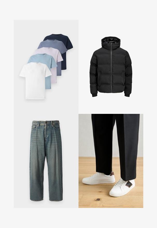 Čierna vypchatá bunda s kapucňou, s predným zipsom, patentnými manžetami a hladkým povrchom. Žiadne viditeľné logá ani vzory.; Päť tričiek s okrúhlym výstrihom v rôznych farbách: biele, svetlomodré, svetlofialové, tmavomodré a námornícka modrá. Vyrobené z bavlny s kratšími rukávmi.; Svetlomodré denimové nohavice so voľným strihom, stredne vysokým pásom a rovnými nohavicami. Obsahujú päť vreciek, pútka na opasok a zapínanie na gombík.; Biele tenisky s hladkým povrchom, s hnedými koženými akcentmi a čiernymi detailmi, spárované s čiernymi elegantnými nohavicami. Pozadím je drevená podlaha.