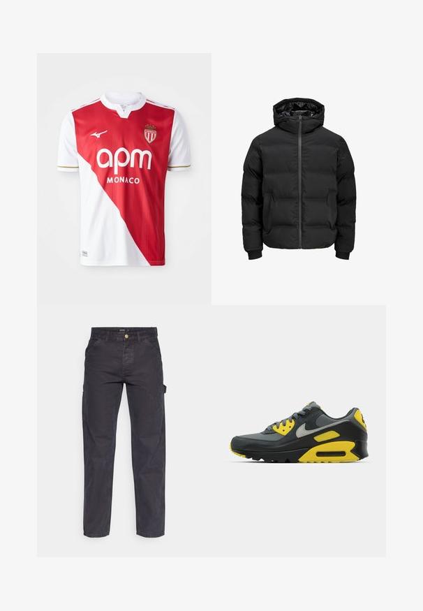 Črna podložena jakna s kapuco, z zadrgo na sprednji strani, rebrastimi manšetami in gladko teksturo. Brez vidnih logotipov ali vzorcev.; Rdeča in bela nogometna majica s kratkimi rokavi, ki ima diagonalen barvni blok, zlate detajle, logotip blagovne znamke in grb. Lahka in zračna tkanina.; Temno sivi cargo hlače iz trpežnega materiala, z ravnim krojem nogavic, petimi žepi in gumbom za zapiranje v pasu.; Siva in rumena Nike Air Max 90 škornji, prikazani na beli podlagi, ki poudarjajo njihov dizajn in barvne kontraste.