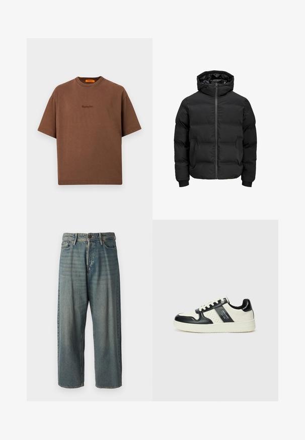 Fekete steppelt dzseki kapucnival, elülső cipzárral, bordázott ujjaival és sima textúrájával. Nincsenek látható logók vagy minták.; Barna pamut póló, laza fazonnal, kerek nyakkal és kis hímzett logóval az elején. Rövid ujjú, minimalista dizájn.; Világoskék farmernadrág, laza fazonnal, közepes derékbőséggel és egyenes szárral. Öt zsebet, övbucskát és gombos záródást tartalmaz.; Fekete és krém színű bőrsneaker, perforált díszítésekkel, párnázott bokapánttal és texturált talppal.