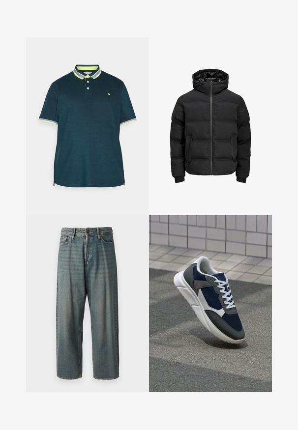 Juoda paminta striukė su gobtuvu, su priekiniais užtrauktukais, raštuotais rankogaliais ir lygia tekstūra. Nėra matomų logotipų ar raštų.; Tamsiai mėlynas polo marškinėlis su dviem sagomis. Sukurtas su kontrastuojančiu neoninės žalios spalvos apykakle ir rankovių akcentais. Minkšta medžiaga su klasikiniu siluetu.; Šviesiai mėlyni džinsai su laisvu siluetu, vidutinio aukščio juosmeniu ir tiesiomis kojomis. Su penkiais kišenėmis, diržo kilpo ir mygtukų uždarymu.; Sportiniai bateliai su tamsiai mėlynu tinkliniu viršumi, pilkais zomšiniais akcentais, balta guma padanga ir plokščiomis baltomis raištelėmis, sukurti komfortui ir oro pralaidumui.