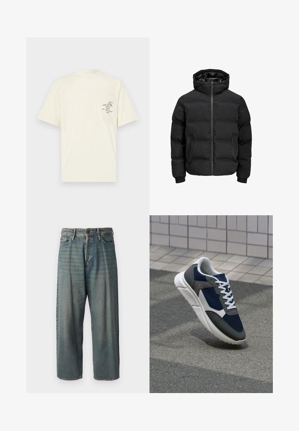 Black padded jacket with a hood, featuring a front zipper closure, ribbed cuffs, and a smooth texture. No visible logos or patterns.; Cream-colored short-sleeve t-shirt made of cotton, featuring a pocket on the left chest with a black graphic and text design.; Light blue denim jeans with a loose fit, mid-rise waist, and straight legs. Features five pockets, belt loops, and a button closure.; Sneaker featuring a navy blue mesh upper, gray suede accents, white rubber sole, and flat white laces, designed for comfort and breathability.