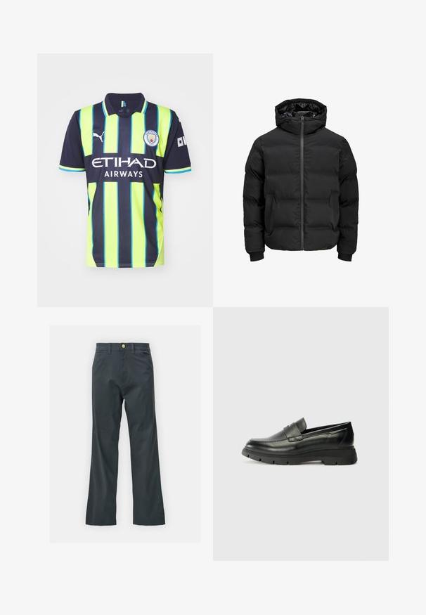 Fekete steppelt dzseki kapucnival, elülső cipzárral, bordázott ujjaival és sima textúrájával. Nincsenek látható logók vagy minták.; Kék és neon sárga csíkozású focimez, gallérral, rajta a Puma logójával és az "ETIHAD AIRWAYS" felirattal az elején.; Fekete nadrág egyenes szárú fazonban, pamut keverék anyagból készült. Fém gombos záródással és oldalsó zsebekkel rendelkezik. Nincs látható mintázat.; Fekete bőr loaferek gumitalppal. A dizájn kiemeli a varrott felsőrészt és a széles pántot a lábfej fölött. Sima textúra, modern forma.