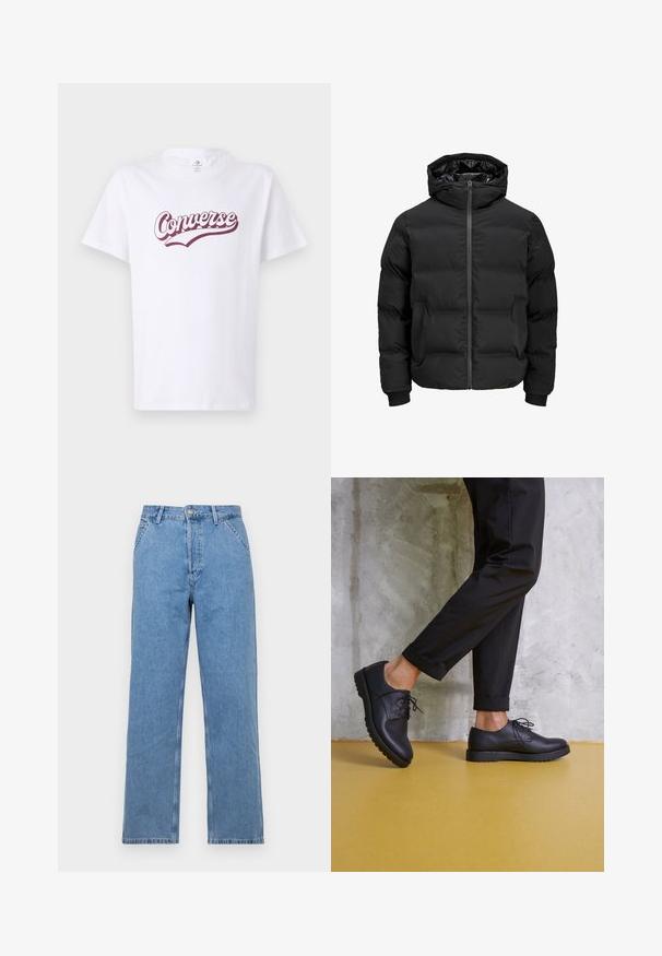 Veste noire rembourrée avec capuche, dotée d'une fermeture éclair sur le devant, de poignets à côtes et d'une texture lisse. Pas de logos ou de motifs visibles.; T-shirt en coton blanc avec un logo "Converse" bordeaux en lettres cursives, à manches courtes et col rond classique.; Jean en denim bleu clair à jambes droites avec un design classique à cinq poches, doté d'une fermeture à bouton à l'avant et de passants de ceinture. Texture lisse.; Chaussures en cuir noir à lacets avec un bout arrondi, surface texturée et semelle en caoutchouc épaisse. Portées avec un pantalon noir retroussé sur un fond en béton.