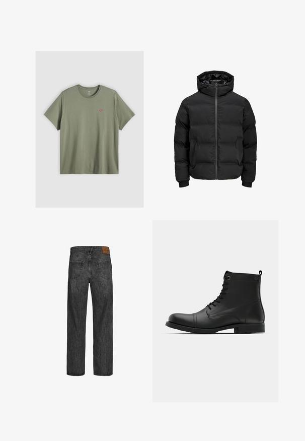 Juoda paminta striukė su gobtuvu, su priekiniais užtrauktukais, raštuotais rankogaliais ir lygia tekstūra. Nėra matomų logotipų ar raštų.; Olivinės spalvos medvilninė marškinė su apvalia kaklo iškirpte ir trumpomis rankovėmis, dekoruotos mažuoju raudonu Levi's logotipu, siuviniu ant kairio krūtinės.; Juodi džinsai su tiesaus kirpimo dizainu, penkių kišenių stiliumi ir ruda odine etikete ties liemeniu. Tekstūruotas audinys su siuvimo detalėmis.; Juodos odinės aulinukai su apvalia nosiumi, šnuromis ir plokščiu guminiu padu. Yra minimalus siuvinėjimas ir kilpa ant kulno.