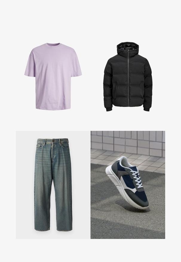 Juoda paminta striukė su gobtuvu, su priekiniais užtrauktukais, raštuotais rankogaliais ir lygia tekstūra. Nėra matomų logotipų ar raštų.; Jack & Jones JJEBRADLEY O NECK - Paprasti marškinėliai - purple rose; Šviesiai mėlyni džinsai su laisvu siluetu, vidutinio aukščio juosmeniu ir tiesiomis kojomis. Su penkiais kišenėmis, diržo kilpo ir mygtukų uždarymu.; Sportiniai bateliai su tamsiai mėlynu tinkliniu viršumi, pilkais zomšiniais akcentais, balta guma padanga ir plokščiomis baltomis raištelėmis, sukurti komfortui ir oro pralaidumui.