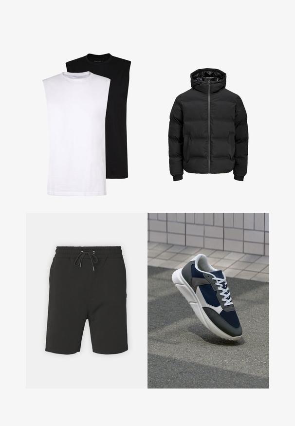 Fekete steppelt dzseki kapucnival, elülső cipzárral, bordázott ujjaival és sima textúrájával. Nincsenek látható logók vagy minták.; Fehér és fekete ujjatlan pamut pólók kerek nyakkivágással, sima textúrával és minimalista dizájnnal. Különféle hétköznapi környezetekhez alkalmas.; Fekete pamut bermuda nadrág, elasztikus derékkal, húzózsinórral és oldalsó zsebekkel. Sima textúra; térd középig érő dizájn.; Cipő, amelynek sötétkék hálós felsőrésze, szürke velúr díszítései, fehér gumitalpa és lapos fehér fűzője van, a kényelem és a légáteresztő képesség érdekében tervezve.