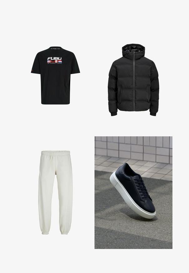 Musta polsterdatud jakk kapuutsiga, millel on ees lukk, soonikkoes varrukad ja sile tekstuur. Nähtavaid logosid või mustreid pole.; Must tee särk musta puuvillast, millel on ringne kaelus. Sellel on "FUBU" bränding valge, punase ja sinise värviga, lisaks Ameerika Ühendriikide, Kanada ja Jaapani lipud.; Valged trennipüksid, mis on valmistatud pehmest kangast, elastse vöökoha ja mansettidega, sileda tekstuuri ja lõdva lõikega.; Mustast nahast tennisetoss, millel on ümar nina ja valge kummist tall. Omab siredaid paelu ja minimaalset õmblemist ülemises osas. Tekstuuriga tald, mis tagab haakuvuse.