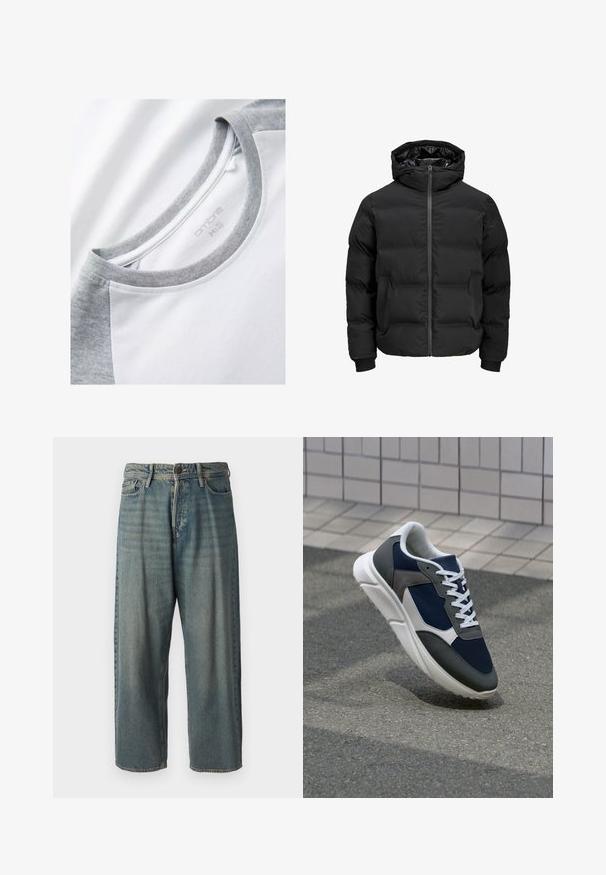 Schwarze gepolsterte Jacke mit Kapuze, ausgestattet mit einem Reißverschluss auf der Vorderseite, gerippten Ärmelbündchen und einer glatten Textur. Keine sichtbaren Logos oder Muster.; Kurzarm-T-Shirt mit einem weißen Körper und grauen Raglanärmeln. Runder Halsausschnitt mit einer weichen, glatten Textur. Markenetikett sichtbar.; Helle blaue Denim-Jeans mit lockerer Passform, mittelhoher Taille und geraden Beinen. Hat fünf Taschen, Gürtelschlaufen und einen Knopfverschluss.; Sneaker mit einem Obermaterial aus navyblauem Mesh, grauen Wildlederelementen, einer weißen Gummisohle und flachen weißen Schnürsenkeln, entworfen für Komfort und Atmungsaktivität.