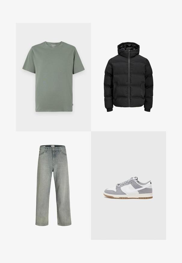 Zwarte gewatteerde jas met capuchon, voorzien van een ritssluiting aan de voorkant, geribde boorden en een gladde textuur. Geen zichtbare logo's of patronen.; Korte mouwen T-shirt in lichtgroen, gemaakt van zachte stof, met een ronde halslijn en gestikte zoom, zonder zichtbare patronen of ontwerpen.; Lichtgrijze, loszittende spijkerbroeken van denim. Beschikt over een klassiek vijf-pocket ontwerp, riemlussen en een rechte pijp silhoët.; Grijze en witte sneaker met een bovenwerk van suede en leer, ronde neus, platte veters en een rubberen zool met een gumaccent.