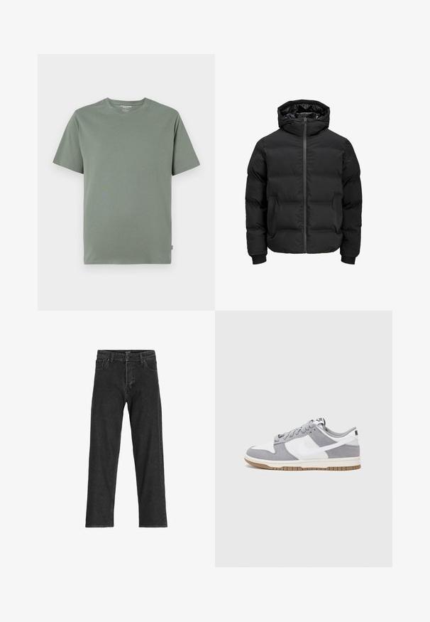 Sort polstret jakke med hætte, der har en frontlynlås, ribbede manchetter og en glat tekstur. Ingen synlige logoer eller mønstre.; Kortærmet T-shirt i lys grøn, lavet af blødt stof, med rund hals og syet kant, uden synlige mønstre eller designs.; Sorte denim jeans med lige ben-design, som har lynlås, bæltestropper og seks lommer, lavet af et robust bomuldsblandingsstof.; Grå og hvid sneaker med en overdel i ruskind og læder, rund tå, flade snørebånd og en gummisål med en gummifarvet detalje.