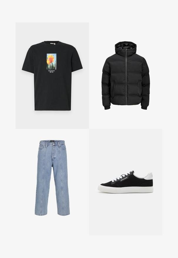 Musta polsterdatud jakk kapuutsiga, millel on ees lukk, soonikkoes varrukad ja sile tekstuur. Nähtavaid logosid või mustreid pole.; Must have mustan puuvillane T-särk, mille keskel on oranžide lilledega lillemotiiv roheliste vartidega, aktsentidega valge ja sinise tekstiga.; Heledad sinine teksapüksid, millel on lai lõige, laiad sääred ja nähtavad õmbluse detailid. Omab nööbiga ja lukuga kinni tõmmatavat piirdu, viis taskut.; Jack & Jones JFWMORDEN COMBO - Tossud - anthracite