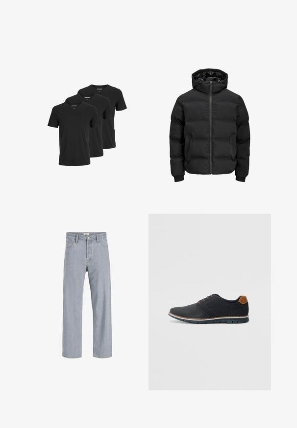 Czarna ocieplana kurtka z kapturem, z przodem zapinanym na zamek błyskawiczny, ściągaczami przy mankietach oraz gładką fakturą. Brak widocznych logotypów lub wzorów.; Czarne bawełniane koszulki typu v-neck, z krótkim rękawem i regularnym krojem, zaprezentowane w zestawie trzech sztuk. Gładka struktura, bez wzorów i akcentów.; Jasnoniebieskie dżinsy o luźnym kroju, prostych nogawkach, widocznym szwie, dwóch przednich kieszeniach i zapięciu na guzik.; Czarne syntetyczne buty z fakturowaną cholewką, gładkimi akcentami, brązowym obcasem i kontrastującą podeszwą. Charakteryzują się minimalnym sznurowaniem i detalami w szwach.