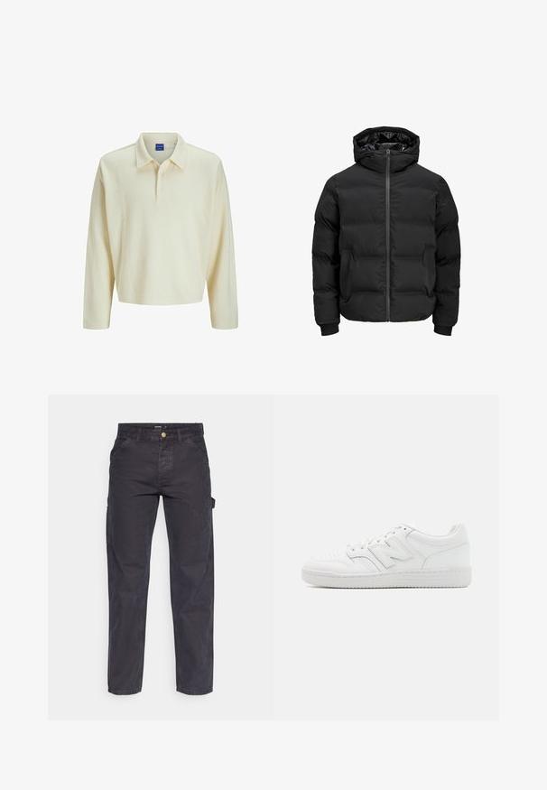 Czarna ocieplana kurtka z kapturem, z przodem zapinanym na zamek błyskawiczny, ściągaczami przy mankietach oraz gładką fakturą. Brak widocznych logotypów lub wzorów.; Długy rękaw polo w kremowym beżowym prążkowanym materiale, z kołnierzykiem i zapięciem na trzy guziki. Prosty, luźny krój z prostym dołem.; Ciemnoszare spodnie cargo wykonane z trwałej tkaniny, z prostymi nogawkami, pięcioma kieszeniami i zapięciem na guzik w talii.; Białe sneakersy z gładkiej skóry, z perforowanym noskiem, teksturowaną gumową podeszwą, płaskimi sznurówkami i wyraźnym logo 'N' z boku.