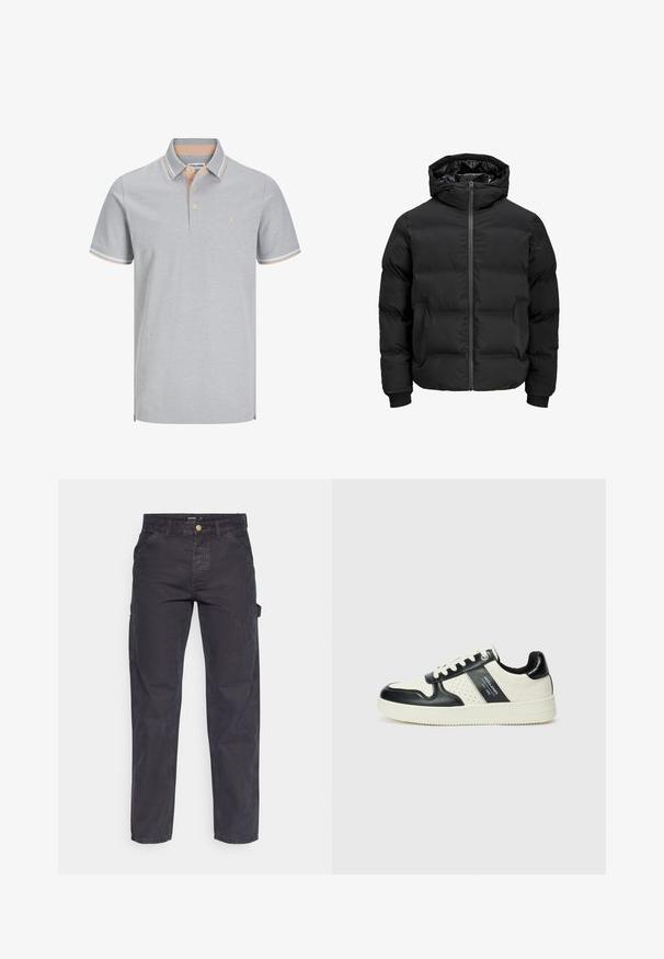 Melna siltināta jaka ar kapuci, ar priekšējo rāvējslēdzēju, ribotu aproču un gludu tekstūru. Nav redzamu logo vai rakstu.; Gaiši pelēks polo krekls ar apdari apkaklei, divu pogu aizdari un kontrastējošām persiku svītrām uz apkakles un piedurknēm. Vienkārša logo akcentācija.; Tumši pelēki kravas bikses, kas izgatavotas no izturīga auduma, ar taisnu piegriezumu, piecām kabatām un pogu aizdari viduklī.; Ādas sporta apavi ar melnbaltu krāsu shēmu, ar perforētiem akcentiem, mīkstinātu apkakli un teksturētu zoli.