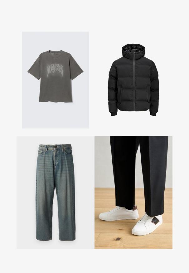 Black padded jacket with a hood, featuring a front zipper closure, ribbed cuffs, and a smooth texture. No visible logos or patterns.; Gray oversized t-shirt made of cotton, featuring a large, distressed graphic print in black. Subtle stitching details on shoulders.; Light blue denim jeans with a loose fit, mid-rise waist, and straight legs. Features five pockets, belt loops, and a button closure.; White sneakers with smooth texture, featuring brown leather accents and black detailing, paired with black tailored pants. Wooden floor background.