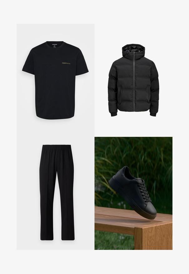 Černá polstrovaná bunda s kapucí, má přední zip, manžety s žebrováním a hladký povrch. Bez viditelných log a vzorů.; Černé bavlněné tričko s krátkým rukávem, s malým zlatě vyšitým logem "Originals" na levé části hrudi. Klasický design s kruhovým výstřihem.; Černé kalhoty s elastickým pasem a rovnými nohavicemi, s hladkým povrchem a bez viditelných vzorů nebo kovových doplňků.; Černé kožené tenisky se šněrováním vypadají, jako by plovly nad dřevěnou lavicí, na pozadí se rozmazanou dvorku s zelenou trávou a rostlinami.