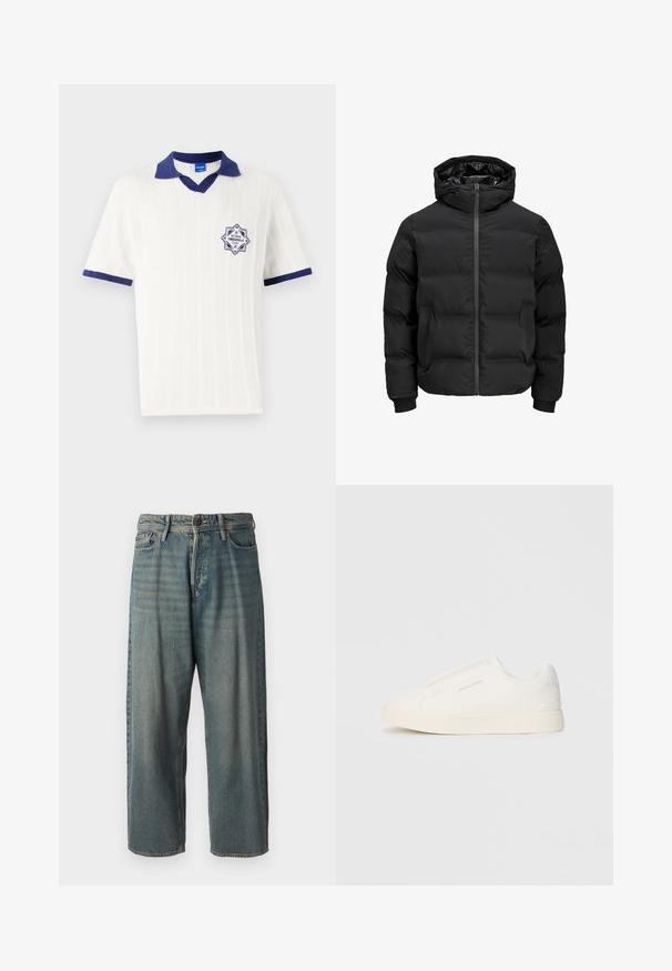 Geacă neagră căptușită cu glugă, având un fermoar frontal, manșete rib knit și o textură netedă. Fără logo-uri sau modele vizibile.; Polo alb cu mâneci scurte, cu guler și finisaje bleumarin. Prezintă un model texturat și un ecuson bleumarin cu detalii „EST 1980”.; Jeans din denim bleu deschis, cu o croială lejeră, talie medie și picioare drepte. Au cinci buzunare, bucle pentru curea și închidere cu nasture.; Tenisi albi slip-on cu o suprafață texturată, talpă groasă și un design minimalist. Prezintă logo-ul brandului pe lateral.