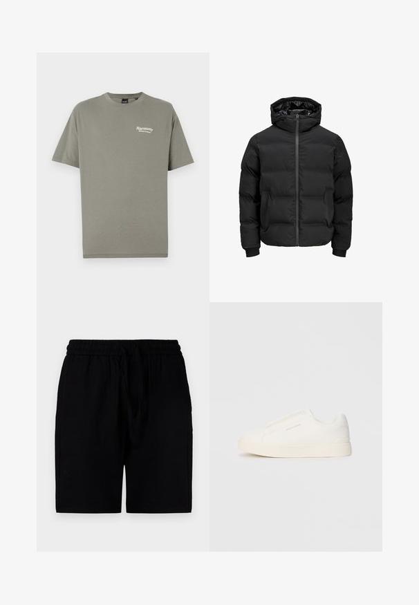 Black padded jacket with a hood, featuring a front zipper closure, ribbed cuffs, and a smooth texture. No visible logos or patterns.; Olive green cotton t-shirt with short sleeves, crew neckline, and white text reading "Harmony Balance in Nature" on the left chest.; Black shorts made of a lightweight material, featuring an elastic waistband with a drawstring, side pockets, and a relaxed cut.; White slip-on sneakers with a textured surface, a thick sole, and minimalistic design. Features brand logo on the side.