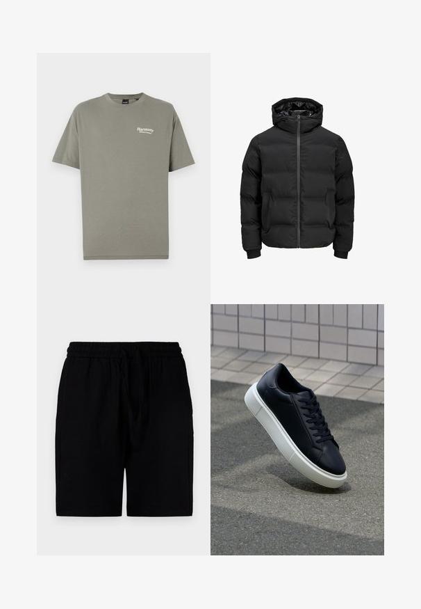 Sort polstret jakke med hætte, der har en frontlynlås, ribbede manchetter og en glat tekstur. Ingen synlige logoer eller mønstre.; Olivenfarvet bomulds-t-shirt med korte ærmer, rund halsudskæring og hvid tekst, der står "Harmoni Balance i Naturen" på venstre bryst.; Sorte shorts lavet af et let materiale, med en elastisk linning og snor, sidelommer og en afslappet pasform.; Sort lædersneaker med rund tå og hvid gummisål. Har flade snørebånd og minimal syning på overdelen. Tekstureret sål for bedre greb.