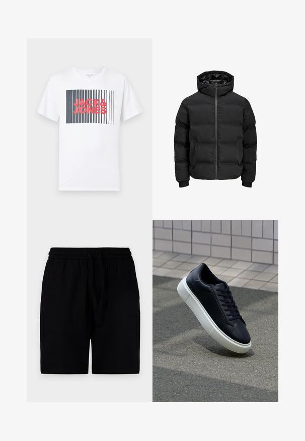 Musta polsterdatud jakk kapuutsiga, millel on ees lukk, soonikkoes varrukad ja sile tekstuur. Nähtavaid logosid või mustreid pole.; Valge puuvillane T-särk, millel on ristkülikukujuline graafika, kus on vertikaalsed mustad jooned ja roosa "JACK&JONES" tekst keskel. Lühikesed varrukad.; Kerged mustad lühikesed püksid, mis on valmistatud kergest materjalist, elastse vöökoha ja nööriga, küljetaskudega ning mugava lõikega.; Mustast nahast tennisetoss, millel on ümar nina ja valge kummist tall. Omab siredaid paelu ja minimaalset õmblemist ülemises osas. Tekstuuriga tald, mis tagab haakuvuse.