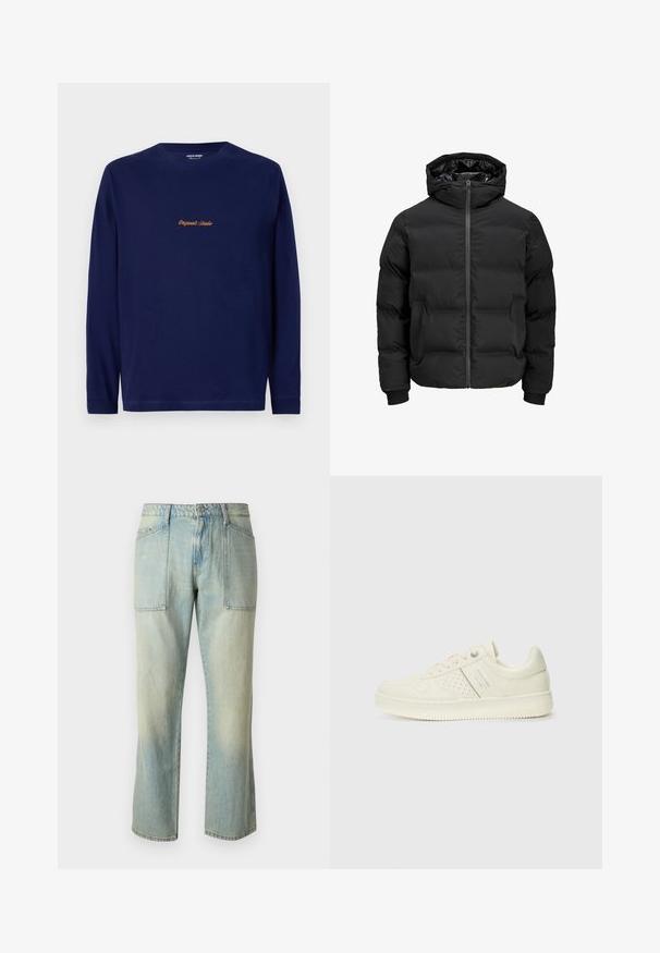 Crna podstava jakna s kapuljačom, koja ima prednje zatvaranje na patentni zatvarač, rebraste manžetne i glatku teksturu. Nema vidljivih logotipa ili uzoraka.; Mornarska majica s dugim rukavima na kojoj je zlatnim koncem izvezen natpis "Originals Studio" na prsima, prikazana na jednostavnoj bijeloj pozadini.; Svijetlo plave traperice s ravnim krojem, vidljivim šavovima i dva velika prednja džepa. Tkanina ima izblijedjeli izgled.; Kremasto bijele tenisice s perforiranim detaljima, vezicama i logotipom s bočne strane, prikazane na jednostavnoj bijeloj pozadini.
