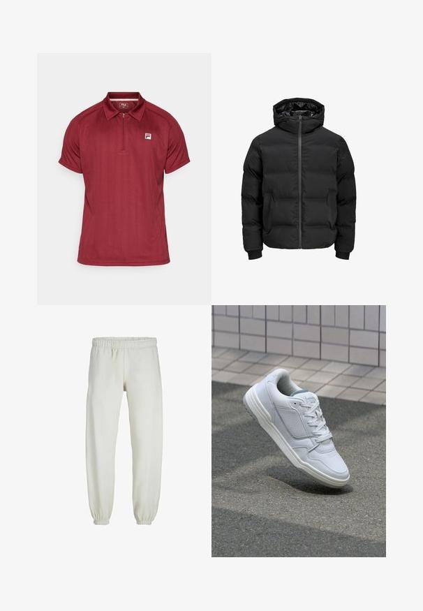 Černá polstrovaná bunda s kapucí, má přední zip, manžety s žebrováním a hladký povrch. Bez viditelných log a vzorů.; Fila HARRY - Polotričko - cabernet; Bílé tepláky vyrobené z měkkého materiálu, s elastickým pasem a manžetami, s hladkou texturou a volným střihem.; Bílé kožené tenisky s perforovanými stranami, texturovanými detaily, plochými tkaničkami a kontrastní šedou patou. Mají mírně zvýšenou podrážku.