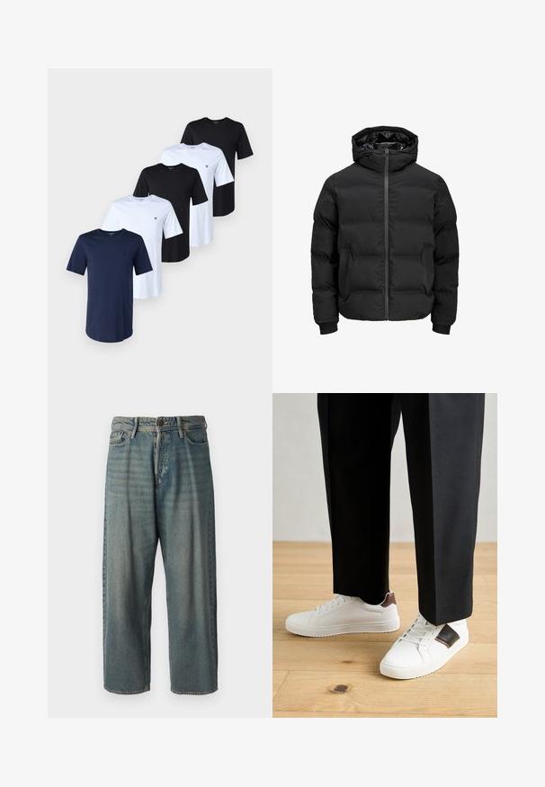 Sort polstret jakke med hætte, der har en frontlynlås, ribbede manchetter og en glat tekstur. Ingen synlige logoer eller mønstre.; Fem T-shirts i marineblå, sort og hvid bomuld. Hver har en rund halsudskæring og korte ærmer. Et lille logo vises på venstre bryst på hver.; Lyseblå denim jeans med løs pasform, mellemhøj talje og lige ben. Har fem lommer, bæltestropper og en knappelukning.; Hvide sneakers med glat tekstur, prydet med brune læderdetaljer og sorte detaljer, sammen med sorte skræddersyede bukser. Baggrund med trægulv.