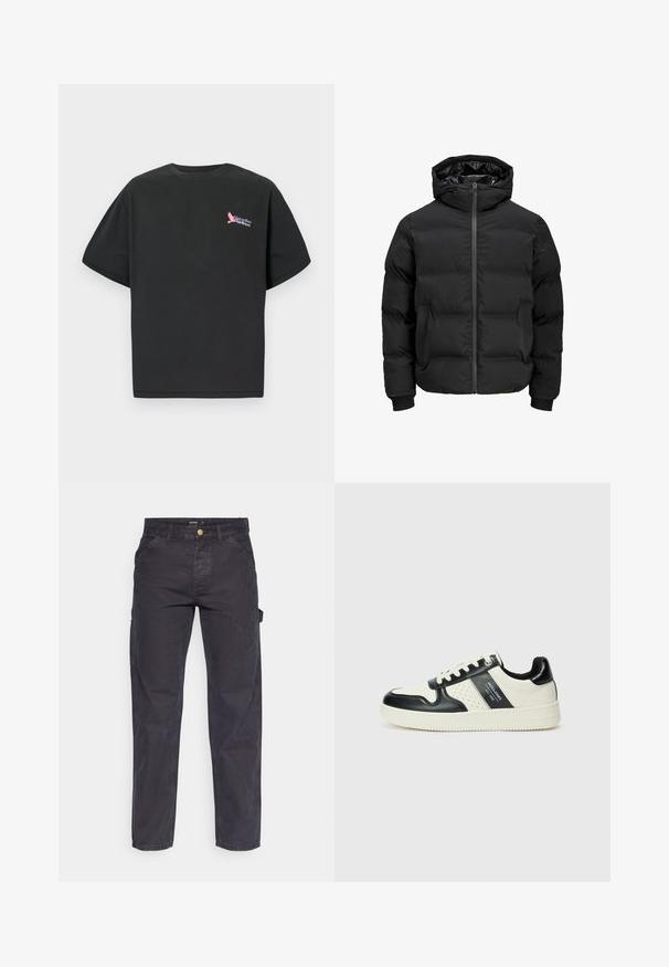 Melna siltināta jaka ar kapuci, ar priekšējo rāvējslēdzēju, ribotu aproču un gludu tekstūru. Nav redzamu logo vai rakstu.; Melnas kokvilnas T-krekls ar īsām piedurknēm, kurā ir krāsains "Paradiso Airlines" logo kreisajā krūtī. Standarta apaļā kakla dizains.; Tumši pelēki kravas bikses, kas izgatavotas no izturīga auduma, ar taisnu piegriezumu, piecām kabatām un pogu aizdari viduklī.; Ādas sporta apavi ar melnbaltu krāsu shēmu, ar perforētiem akcentiem, mīkstinātu apkakli un teksturētu zoli.