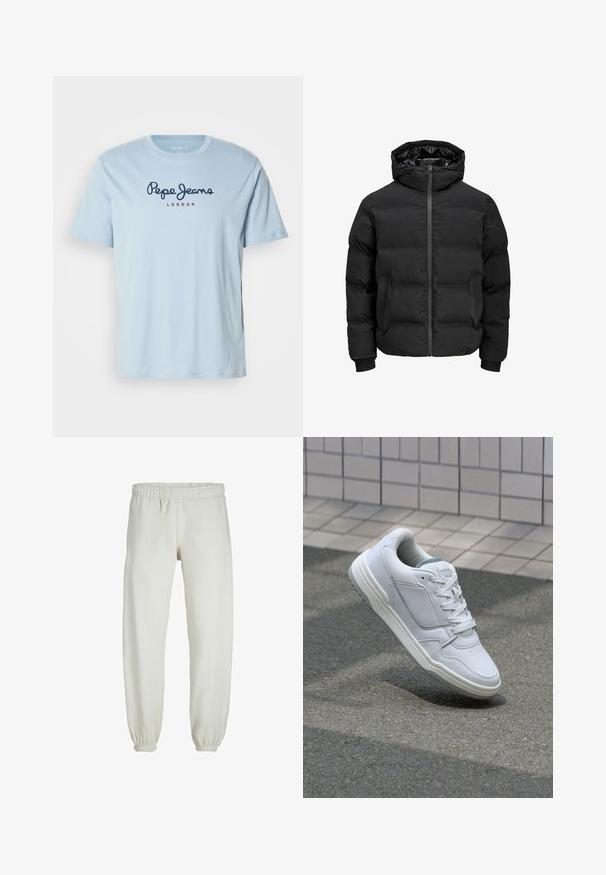 Juoda paminta striukė su gobtuvu, su priekiniais užtrauktukais, raštuotais rankogaliais ir lygia tekstūra. Nėra matomų logotipų ar raštų.; Šviesiai mėlyna medvilninė marškinėliai su trumpomis rankovėmis, su tamsiai mėlynu "Pepe Jeans" logotipu ir raudonu "LONDON" tekstu per krūtinę.; Baltos sportinės kelnės, pagamintos iš minkštos medžiagos, su elastinga juosmeniu ir rankogaliais, turinčios lygią tekstūrą ir laisvą siluetą.; Baltos odinės sportinės bateliai su perforuotais šonais, tekstūruotais akcentais, plokščiomis raištelėmis ir kontrastingu pilku kulnu. Yra šiek tiek pakelti padas.