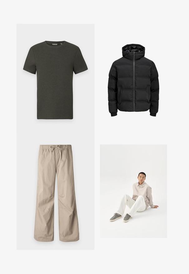 Black padded jacket with a hood, featuring a front zipper closure, ribbed cuffs, and a smooth texture. No visible logos or patterns.; Dark green short-sleeve t-shirt with a round neckline, made of ribbed material; features a simple, minimalist design without patterns.; Beige wide-leg pants with an elastic waistband and drawstring. Smooth texture, two side pockets, and minimal seams for a relaxed fit.; Beige button-up shirt, white pants, and gray sneakers. The shirt has a loose fit, and the sneakers feature a textured surface and lace-up design.