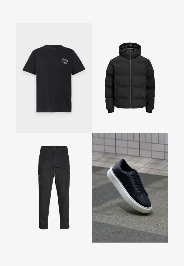 Sort polstret jakke med hætte, der har en frontlynlås, ribbede manchetter og en glat tekstur. Ingen synlige logoer eller mønstre.; Sort bomulds T-shirt med korte ærmer og rund halsudskæring. Har et lille hvidt grafisk tekstdesign på den øverste venstre brystområde.; Sorte cargo-bukser lavet af slidstærkt stof, der har flere lommer, en knaplukning og et slim fit design med smalle ben.; Sort lædersneaker med rund tå og hvid gummisål. Har flade snørebånd og minimal syning på overdelen. Tekstureret sål for bedre greb.