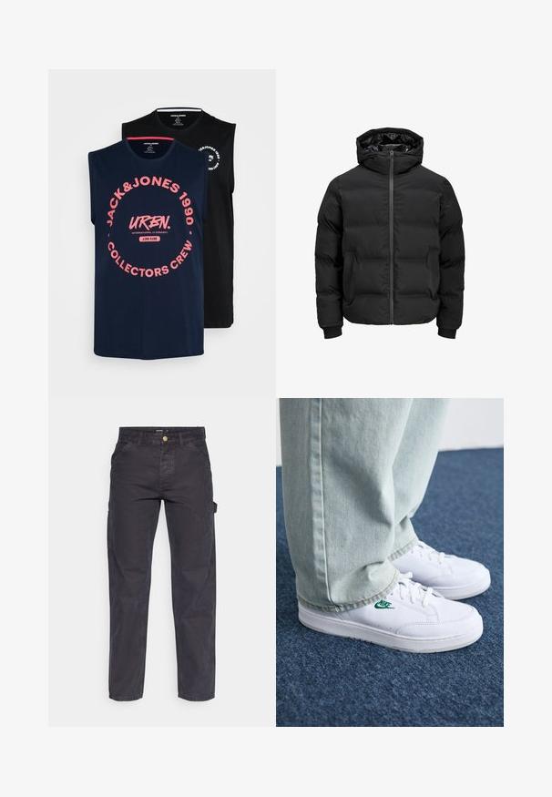 Black padded jacket with a hood, featuring a front zipper closure, ribbed cuffs, and a smooth texture. No visible logos or patterns.; Two sleeveless t-shirts in navy and black. Navy features pink circular graphic with "JACK&JONES 1990" text. Black has white logo on the chest.; Dark gray cargo pants made of durable fabric, featuring a straight-leg cut, five pockets, and a button closure at the waist.; White leather sneakers with green Nike logo, round toe, flat sole, paired with light blue denim pants, shown on a blue carpet.