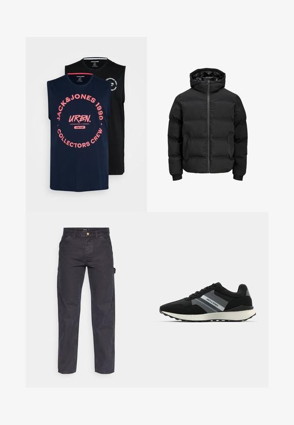 Black padded jacket with a hood, featuring a front zipper closure, ribbed cuffs, and a smooth texture. No visible logos or patterns.; Two sleeveless t-shirts in navy and black. Navy features pink circular graphic with "JACK&JONES 1990" text. Black has white logo on the chest.; Dark gray cargo pants made of durable fabric, featuring a straight-leg cut, five pockets, and a button closure at the waist.; Black athletic sneakers with a textured upper, grey accents, laces, and a lightweight white sole. Features brand logo on the side.